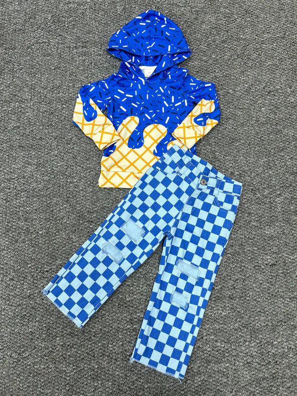 8.2 BT1275+P0097 Baby Boys Hot Blue Drip Hoodie Top Denim Pants Team Set 7.30