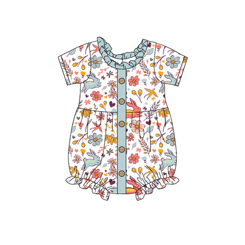 6.4 SR2022 Baby Infant Girls Easter Bunny Flowers Buttons Rompers preorder