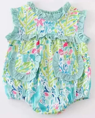 5.13 Girls pattern teal lace pocket sleeveless onesie