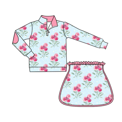 6.5 GLD1099 Baby Girls Long Sleeves Pink Flowers Zipper Top Skorts Yoga Set Preorder
