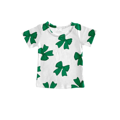 8.1 Custom Moq 5 Baby Girls Green Bows Short Sleeve Tee Shirts Tops
