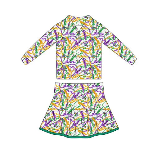 10.28 GLD1404 Baby Girls Mardigras Lights Fur Zipper Pullovers Skorts Yoga Clothes Sets Preorder