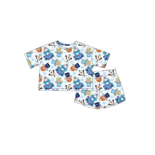 3.31 GSSO2456 Baby Girls Blue Short Sleeves Snowmen Kids Top Short Pajamas Set Preorder
