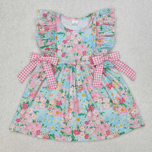 3.15 GSD1962 Baby Girls Blue Pink Flowers Bows Knee Length Dress