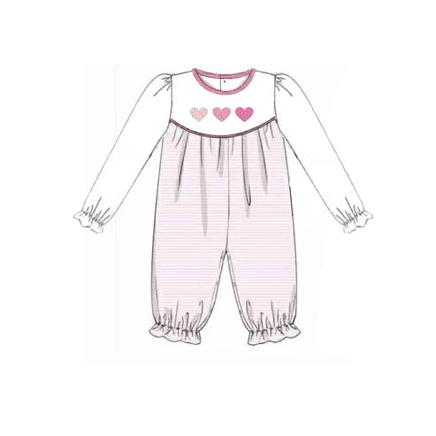 10.30 LR2848 Baby Girls Long Sleeve Pink Hearts Stripe Valentine Ruffle Footie Rompers Preorder