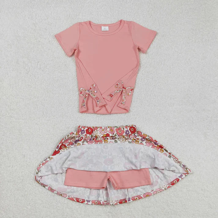 3.14 Sibling Baby Girls Coral Flowers Skort Clothes Sets