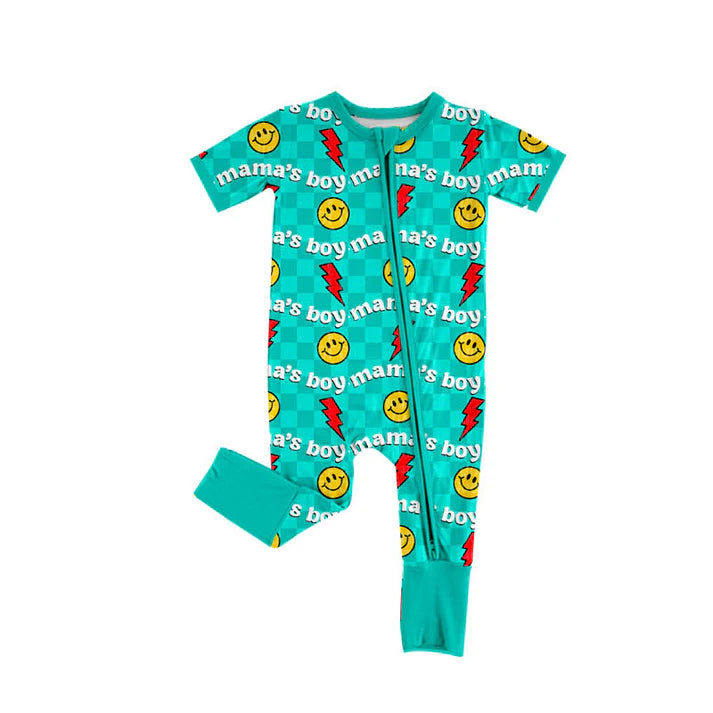 9.26 SR3228 Baby Boys Aqua Checked Mamas Boy Smiles Lights Zipper Footie Rompers Preorder