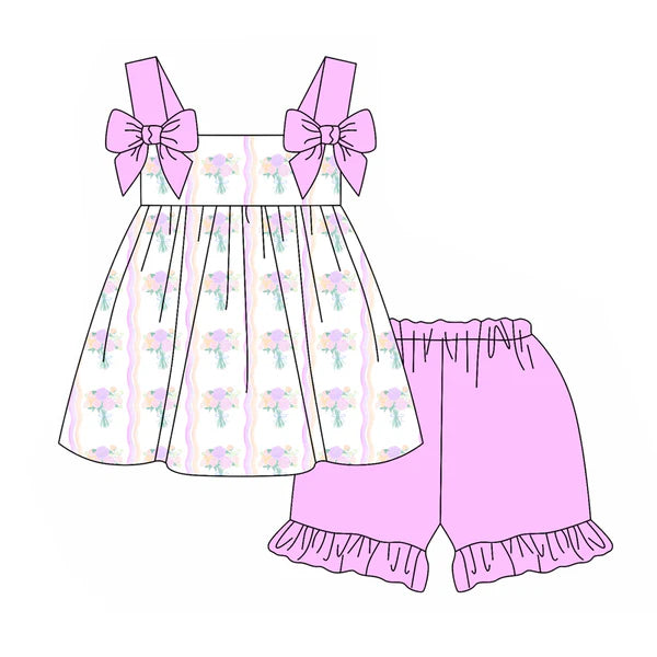 3.27 GSSO2430 Baby Girls Hot Pink Strap Floral Stripe Tunic Ruffle Short Set Preorder