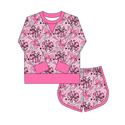 10.15 Custom Moq 8 Baby Girls Pink Bows Go Footballs Long Sleeve Top Shorts Team Clothes Set