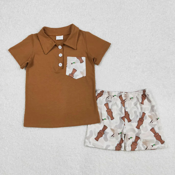BSSO1206 Baby Boys Brown Shirts Duck Call Camouflage Shorts Clothes Set