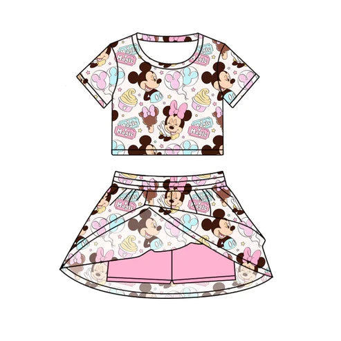 6.24 Custom Moq 3 Baby Girls Pink Mouse Magic Cartoon Top Skirt Skort Sets