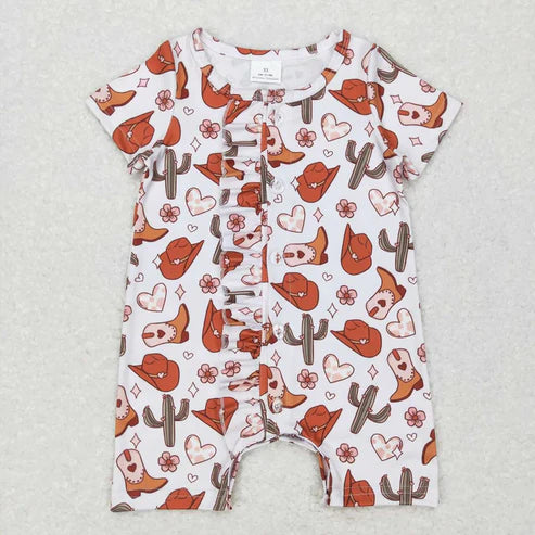 4.19 Sibling Baby Girls Ruffle Western Short Sleeve Rompers