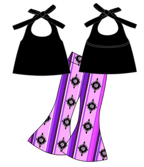 5.15 Sleeveless black halter top for girls aztec flared pantsuit