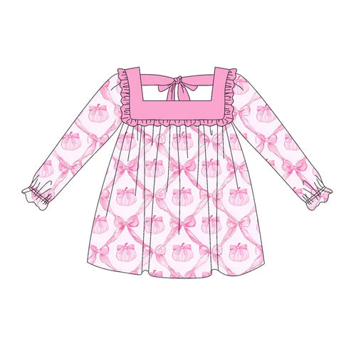 5.19 GLD1052 Baby Girls Long Ruffle Sleeves Pink Bows Pumpkins Plaid Knee Length Dresses Preorder