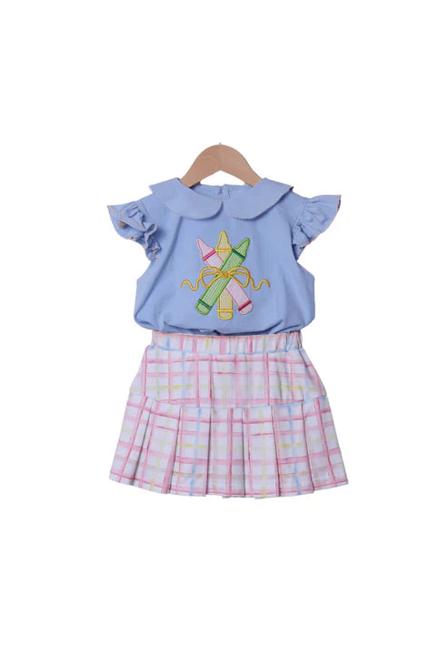 12.4 MOQ:5pcs GSD3279 pre-order toddler girl clothes crayon girl back to school summer skirt set