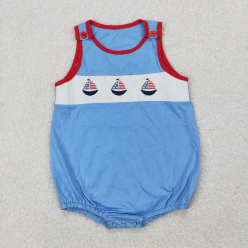 4.2 SR2574 Embroidery Baby Infant Boys Smocked 4th Of July Sailboats Sleeveless Romper
