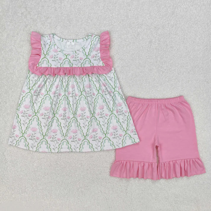 3.14 GSSO2013 Baby Girls Green Bows Pink Flowers Tunic Shorts Set