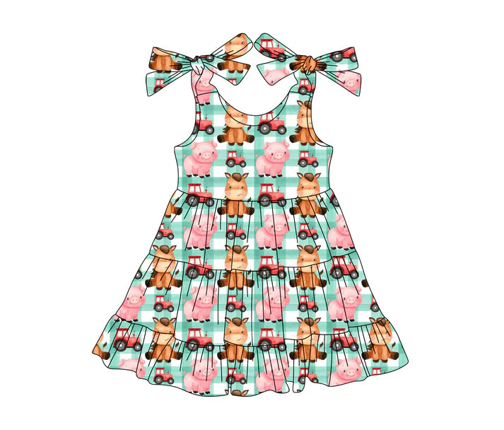 3.25 GSD2236 Baby Girls Green Plaid Strap Trucks Pigs Farm Knee Length Dresses Preorder