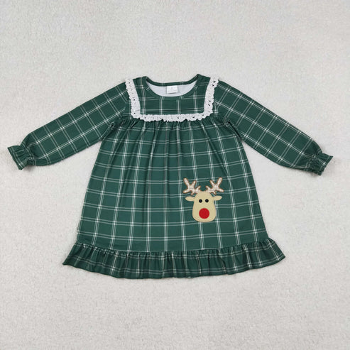 11.1 Embroidery Deer Mama and Me Green Checked Christmas Sleep Wear Pajamas Ruffle Dresses