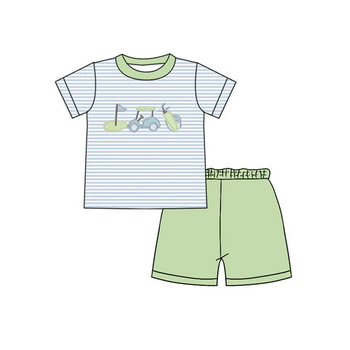 4.23 BSSO1504 Baby Boys Blue Stripe Short Sleeves Golf Top Green Short Set Preorder