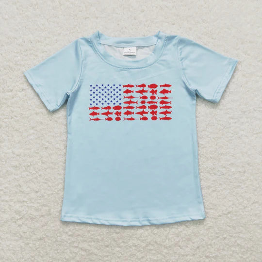 3.11  BT0614 RTS baby boy clothes fish 4th of July patriotic boy summer tshirt