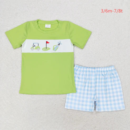 BSSO0667 Golf tour car green short-sleeved blue plaid shorts set