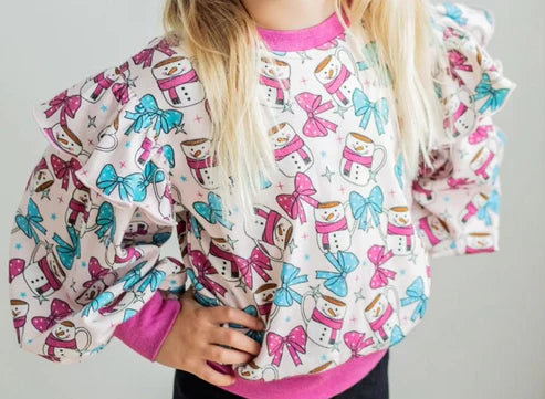 5.26 GT0770 Baby Girls Christmas Bows Snowman Long Sleeve Tee Shirts Tops Preorder