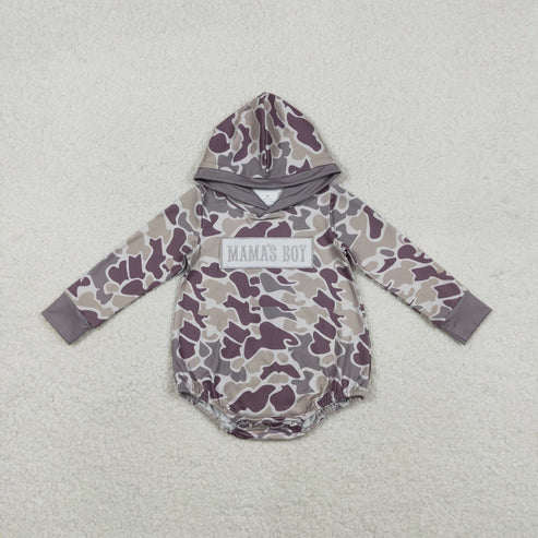 10.26 LR2792 Embroidery Baby Boys Grey Camo Mama's Boy Hoodie Romper