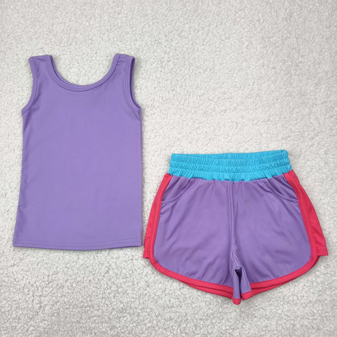 4.29 GT0990+SS0555 Baby Girls Lavender Sleeveless Shirt Top Pockets Short Yoga Active Set