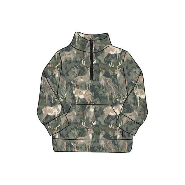8.28 GT1177 Adult Women Olive Deer Camo Pocket Zipper Yoga Pullover Tops