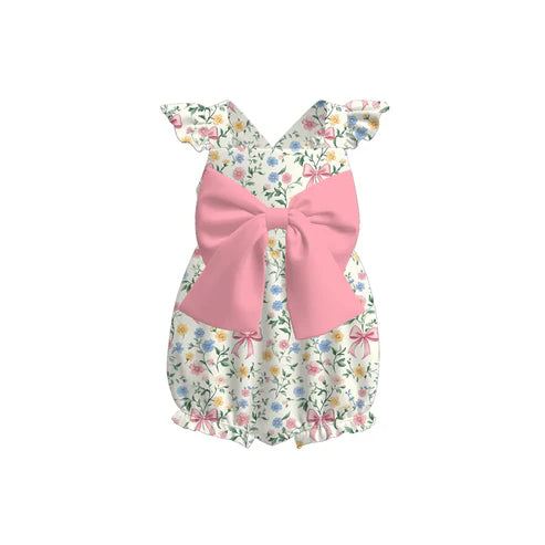 6.19 SR3082 Baby Girls Flutter Sleeves Pink Bows Floral Ruffle Rompers Preorder