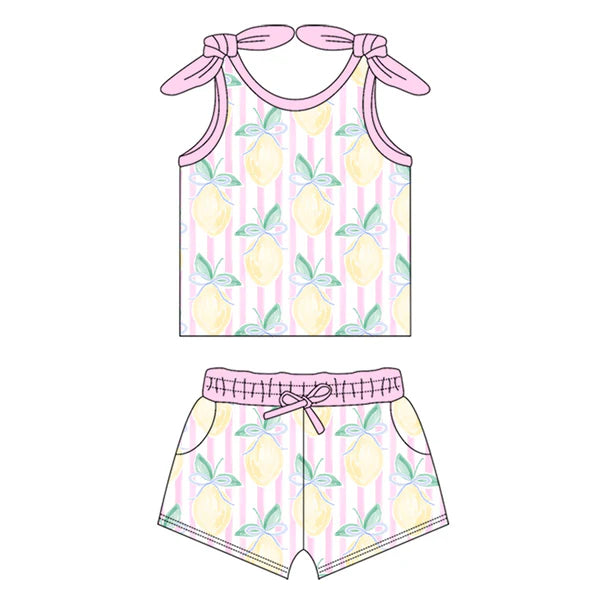 L-3.4 GSSO2098 Baby Girls Pink Stripes Bows Lemon Shirts Top Shorts Clothes Sets preorder