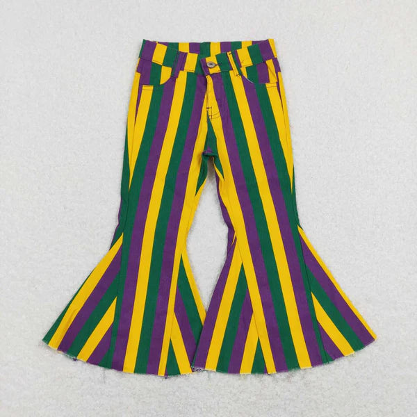 P0327 Mardi Gras purple, green and gold striped denim trousers