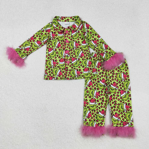 9.10 GLP2669 Baby Girls Christmas Green Face Leopard Button Top Pant Fur Pajamas Set