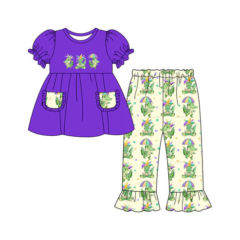 9.19 GSPO2068 Baby Girls Dinosaurs Pockets Tunic Ruffle Pants Mardi Gras Clothes Sets Preorder
