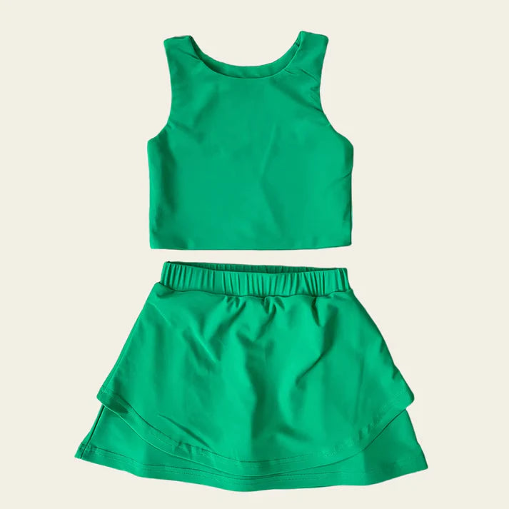 6.12 GSD2670 Baby Girls Sleeveless Dark Green Vest Top Short Skirts Yoga Set Preorder