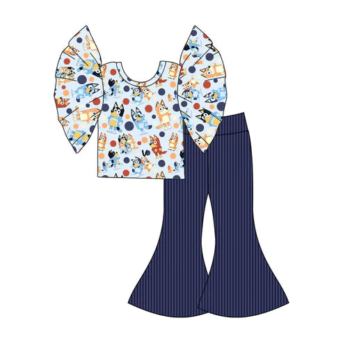 6.20 Custom Moq 3 Baby Kids Navy Dog Flutter Sleeve Shirt Bell Pants Clothes Sets