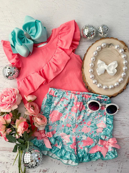 3.17 GSSO2316 Baby Girls Pink Shirts Ruffle Flowers Shorts Clothes Sets preorder