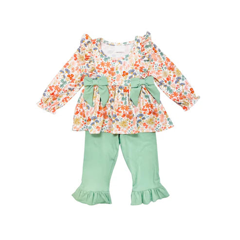 5.26 GLP1967 Baby Girls Orange Small Flowers Bows Tunic Pants Outfits Clothes Sets Preorder