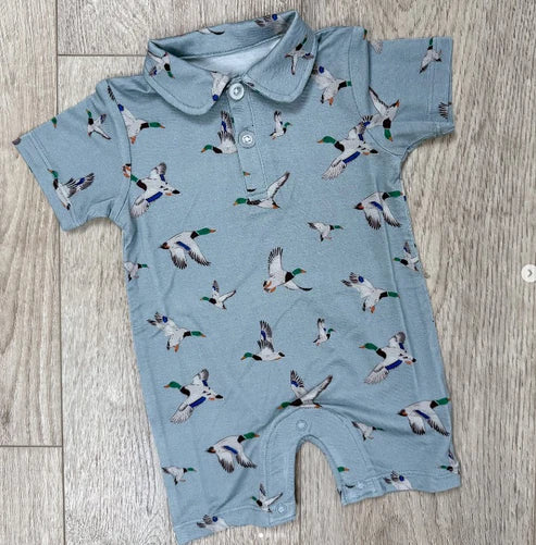 4.10 SR3032 Baby Boys Blue Short Sleeves Button Ducks Rompers Preorder