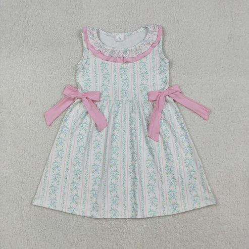 9.1 GSD2678 Baby Girls Sleeveless Pink Floral Stripe Bows Knee Length Dress