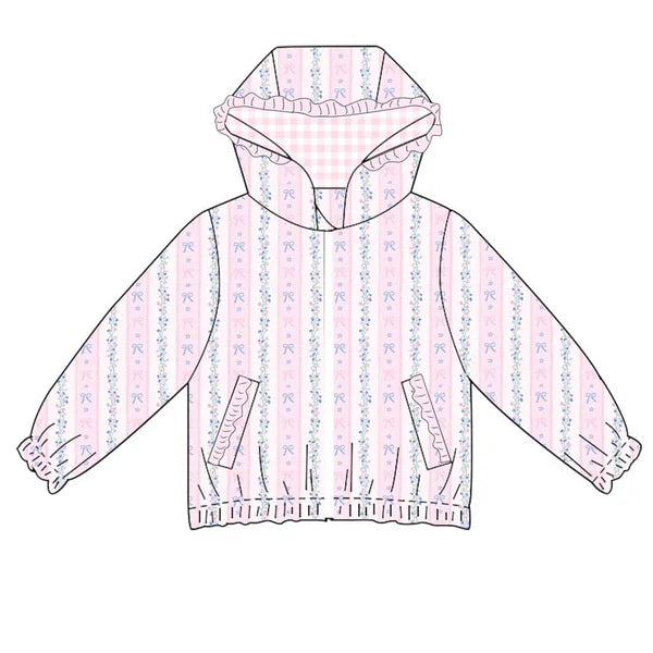 4.4 GT0976 Baby Girls Pink Long Ruffle Sleeves Floral Stripe Pockets Hoodies Top Preorder