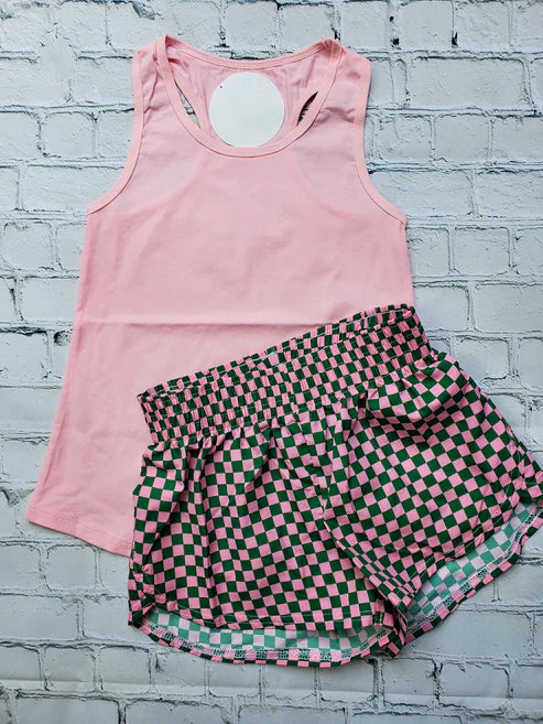 4.10 GSSO2496 Baby Girls Pink Sleeveless Tunic Plaid Shorts Sets Preorder