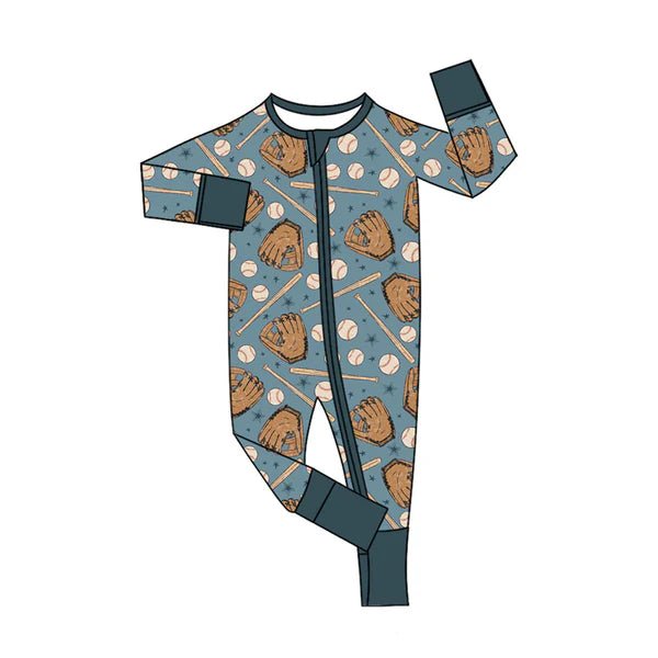 8.28 LR2605 Baby Boys Baseball Stars Plaid Team Zipper Footie Rompers Preorder