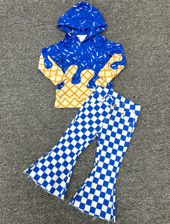 8.15 BT1275+P0610 Baby Girls Hot Blue Drip Hoodie Top Denim Bell Bottom Pants Team Set
