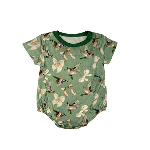 10.30 SR3421 Baby Girls Green Ducks Bows Plaid Hunting Ruffle Rompers Preorder