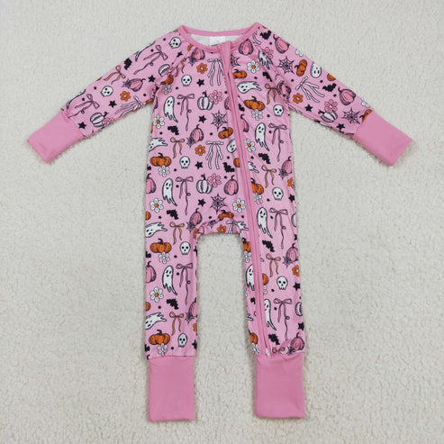 8.13 LR2405 Baby Girls Long Sleeves Pink Ghost Pumpkins Zipper Pant Romper