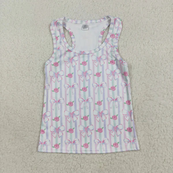 7.25 GT1014 Baby Girls Sleeveless Lavender Bows Flowers Stripe Yoga Shirts Top
