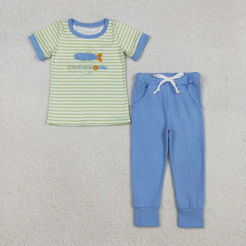 12.8 BSPO0612 Embroidery Baby Boys Stripe Fishing Top Pockets Leggings Hunting Clothes Set