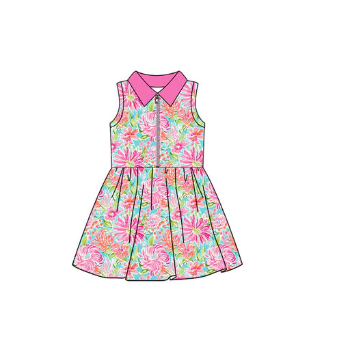 6.19 GSD2533 Baby Girls Sleeveless Hot Pink Watercolor Floral Zipper Knee Length Dresses Preorder